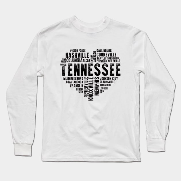 Tennessee Heart Love Knoxville Nashville Memphis Cookeville Gatlinburg Loudon Chattanooga Kingsport Johnson City Long Sleeve T-Shirt by BoogieCreates